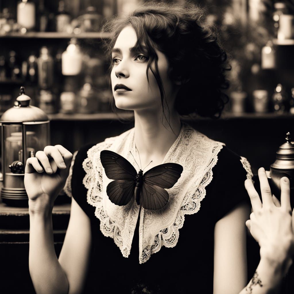 Ethereal Gothic Figure Enveloped by Whirling Insects in a Fo...