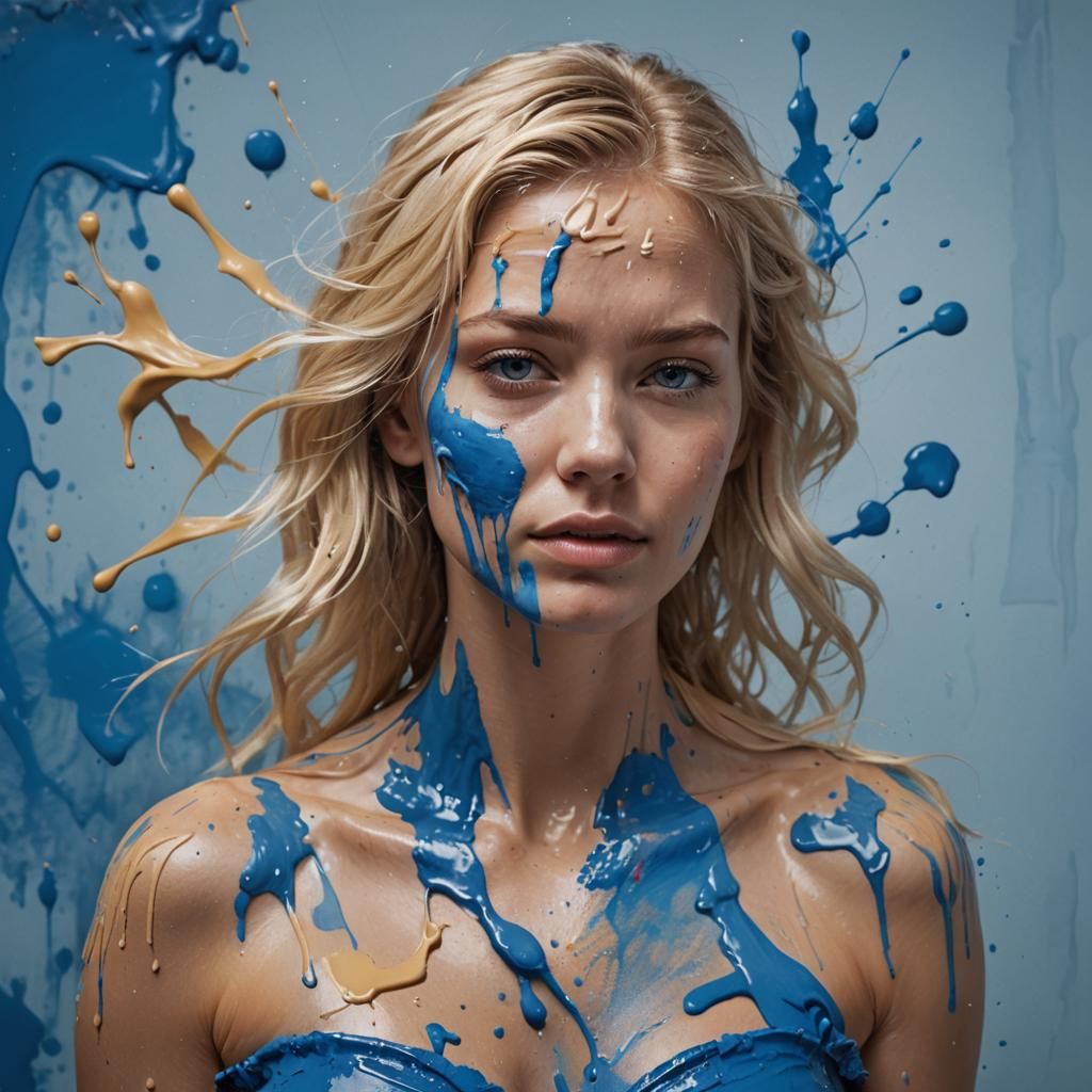 Blond Woman in Blue Paint: Hyperrealistic Splash Art