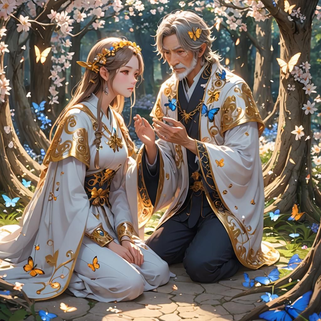 Detailed Anime Art of Old Man with Flowers