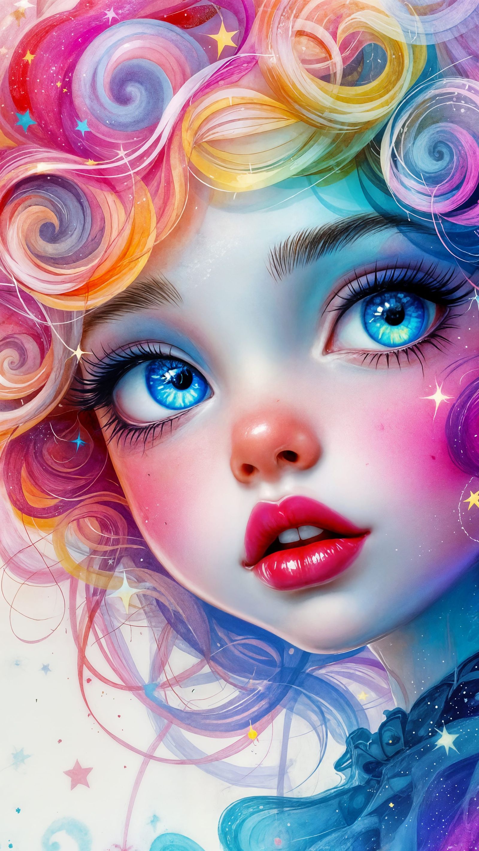 Cute Chibi Girl in Pastel Alcohol Ink Style