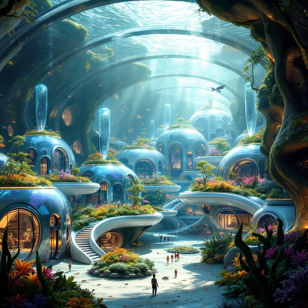 Underwater city bathed in soft sunlight