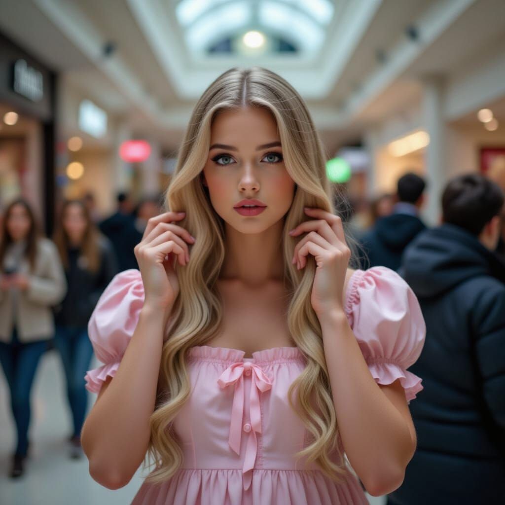 Man in Dress Adjusts Wig in Crowded Mall
