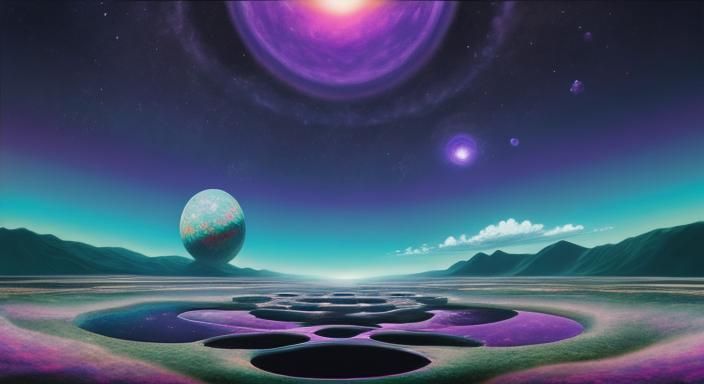 Dreamy Kaleidoscope Landscape with Black Hole Sun