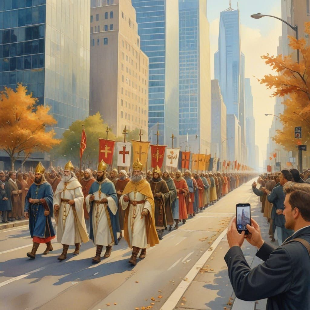 Medieval Saints Parade in Modern City, Watercolor Style