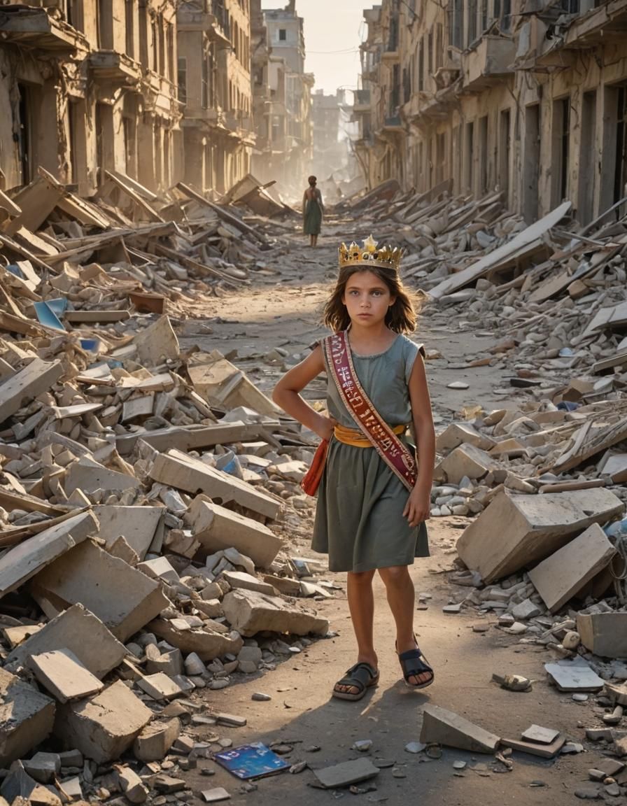 Girl Parades Through Bombed City: Surreal Digital Art