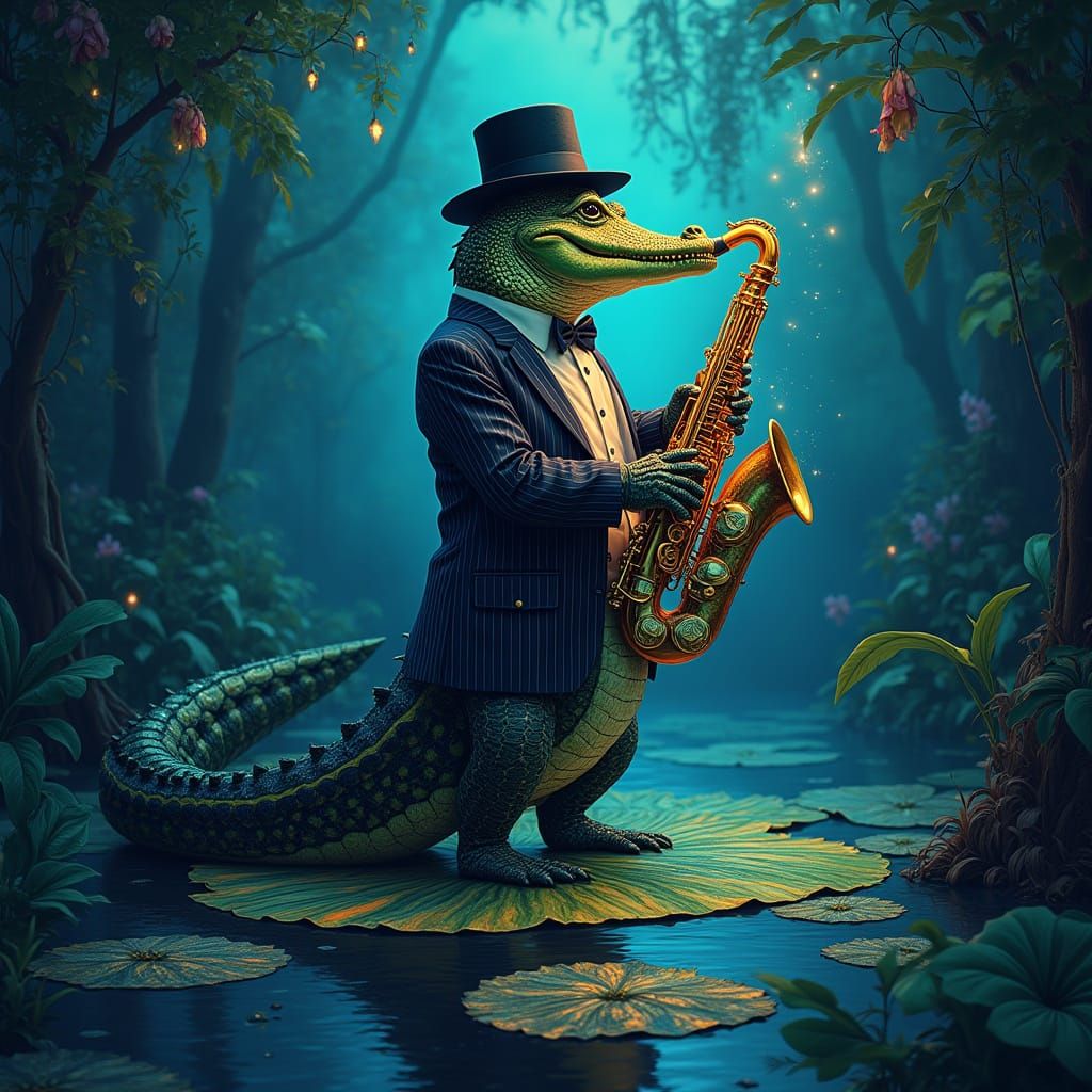 Surreal Alligator Jazz Scene in Vibrant Jungle