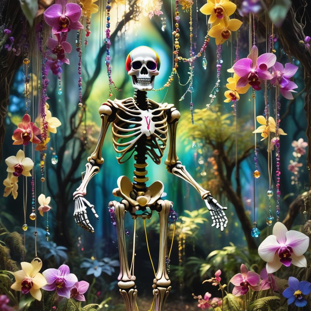 Clown Skeleton Marionette in Rainbow Forest