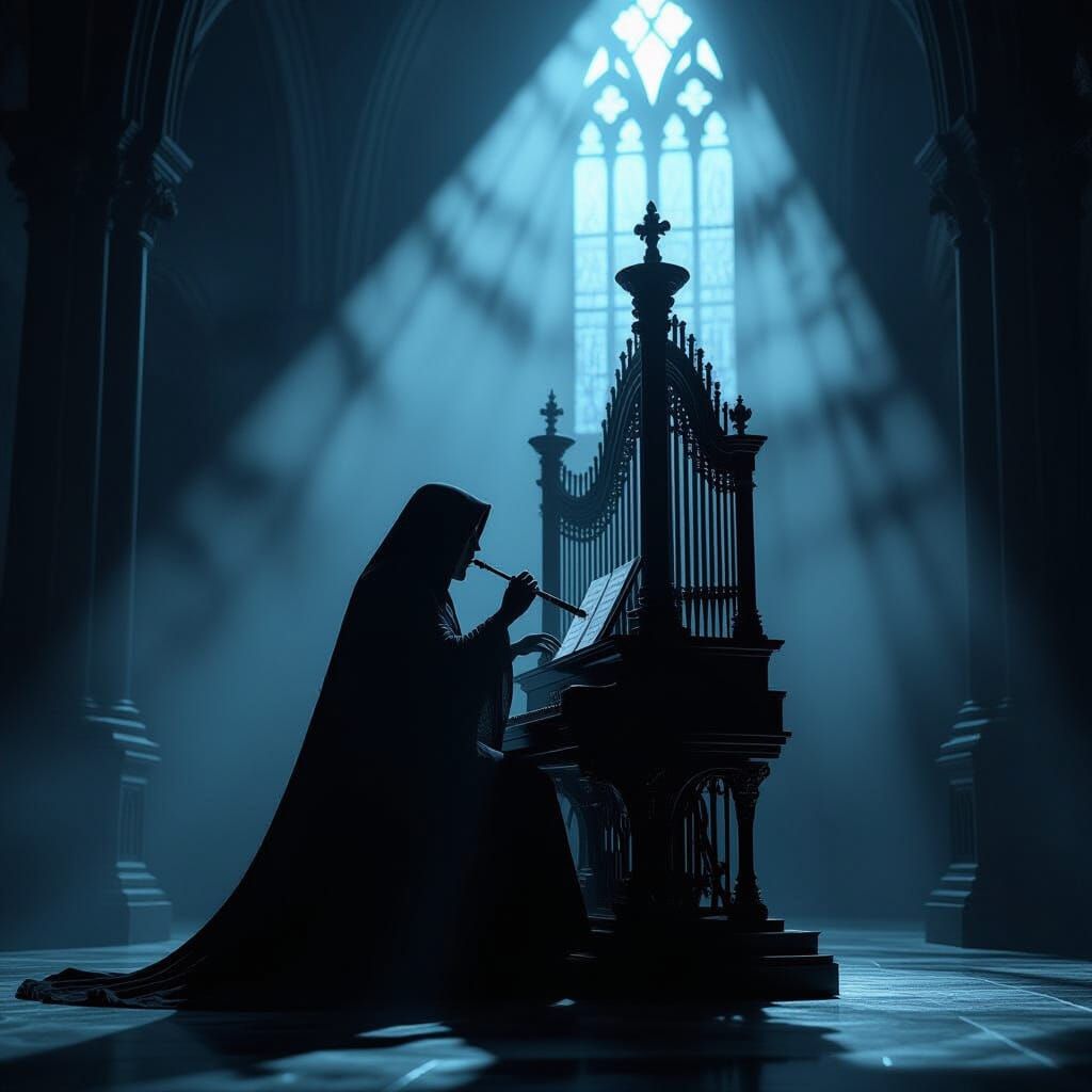 Organist in Dark Cathedral, Eerie Silhouette Style