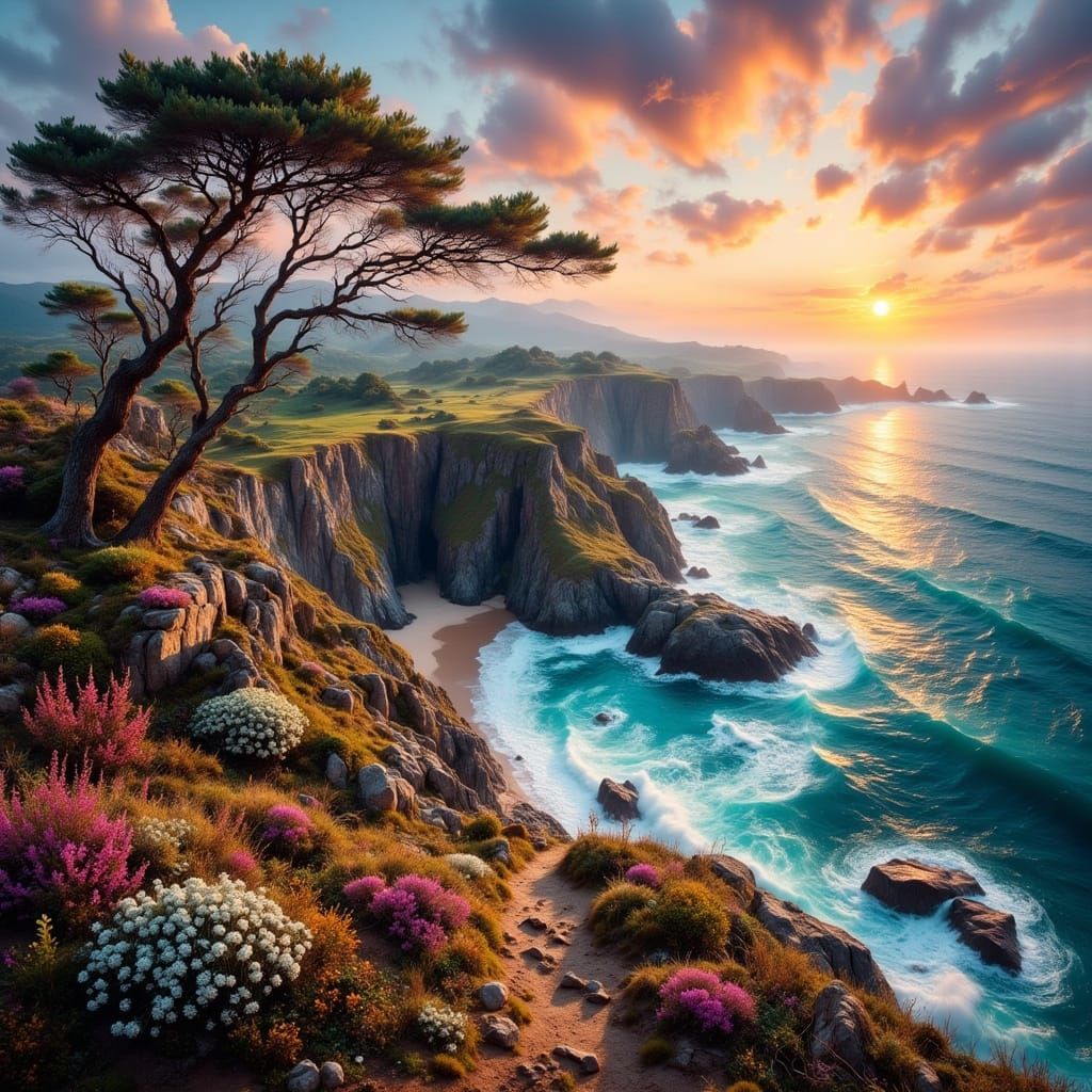 Wild Island Sunset in Watercolor Style