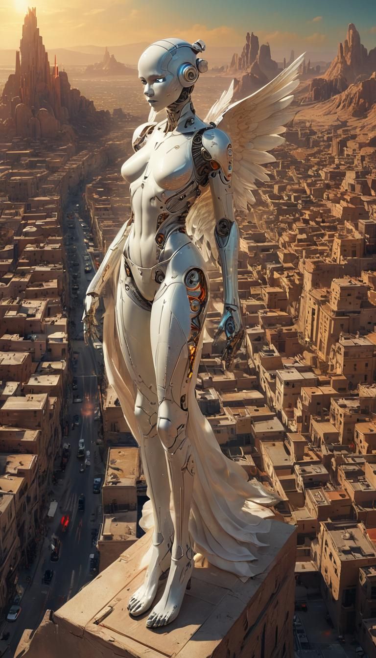 Cyborg Angel Ascends Amidst Vibrant Urban Dreamscape in Flam...