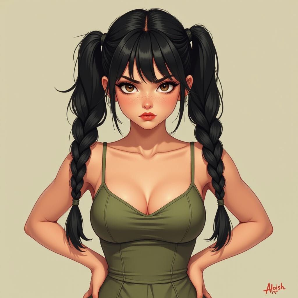 Detailed Realism Portrait of Frustrated Woman with Pigtails