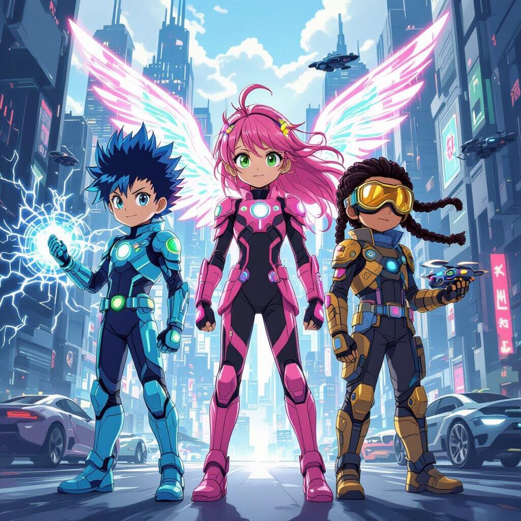 Anime Child Superheroes in Neon City