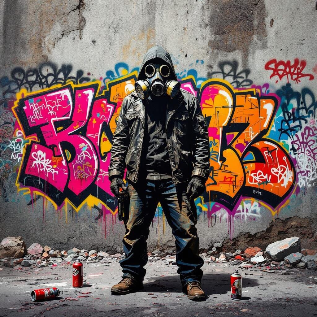 Man in Gas Mask with Vibrant Graffiti Art
