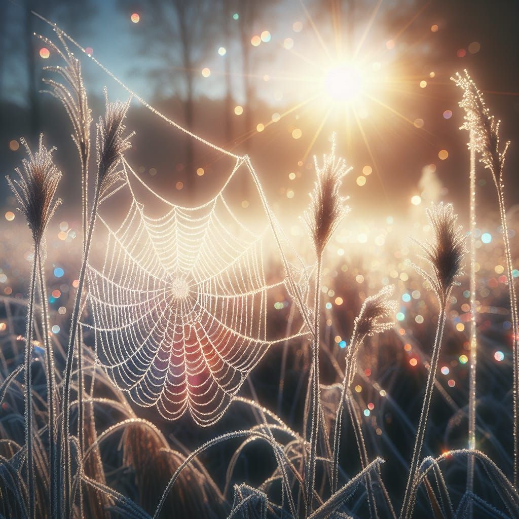 Glittering Spider Web at Frosty Dawn