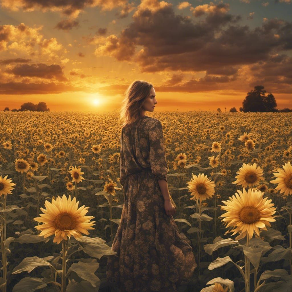 Woman Adorned with Daisies in Sunflower Field