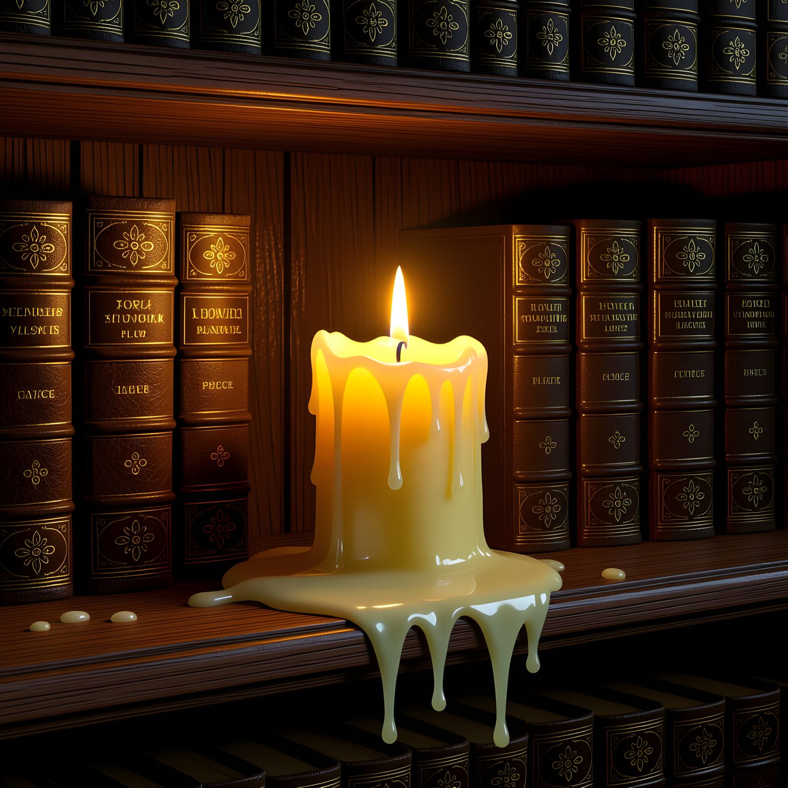 Candle melting down in bookshelf