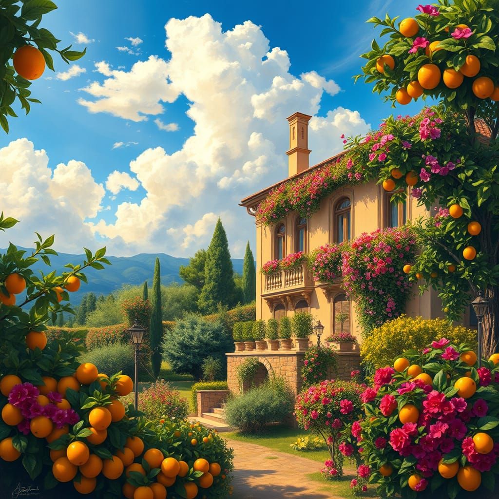 Idyllic Italian Landscape with Vibrant Orange and Lemon Grov...