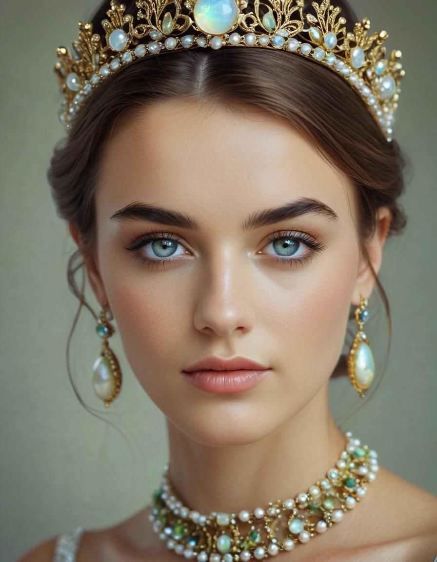 Hyperdetailed Portrait with Iridescent Opal Jewelry
