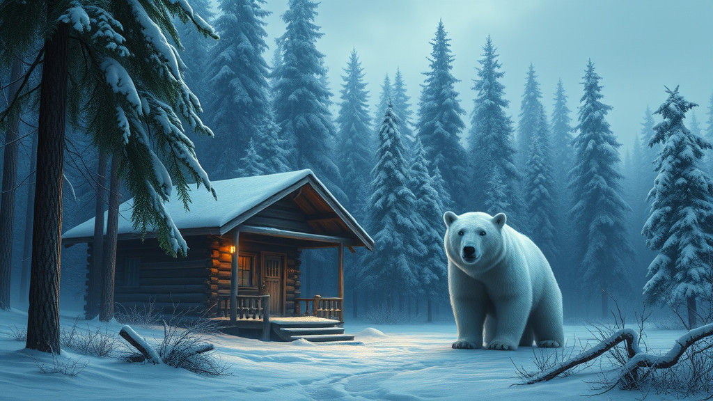 Woman and White Bear in Winter Forest