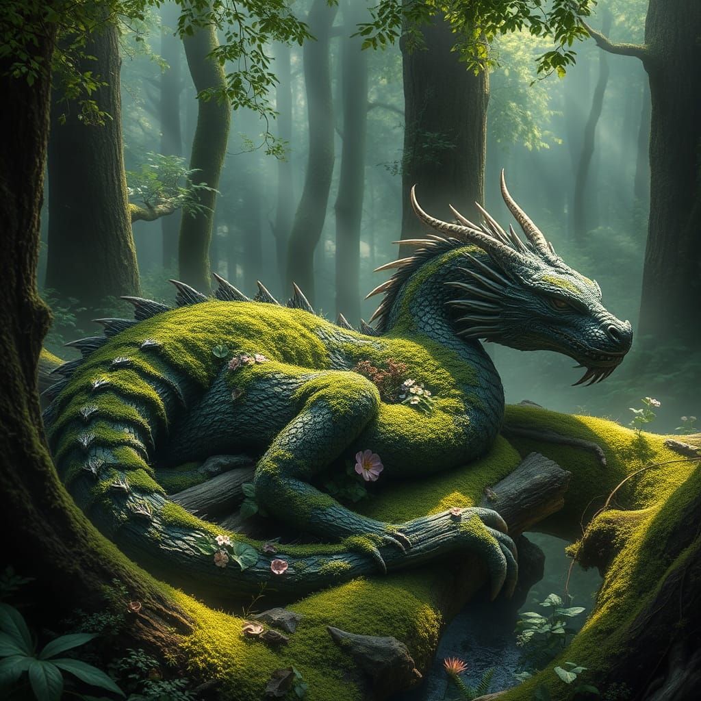 Moss Dragon in Emerald Forest: Kinkade-Inspired Dreamscape