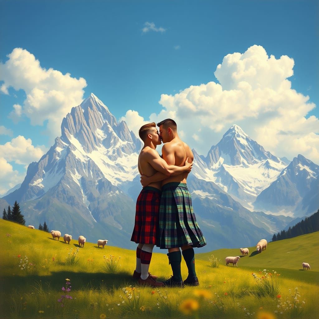 Majestic Swiss Alps Scene with Two Romantic Figures