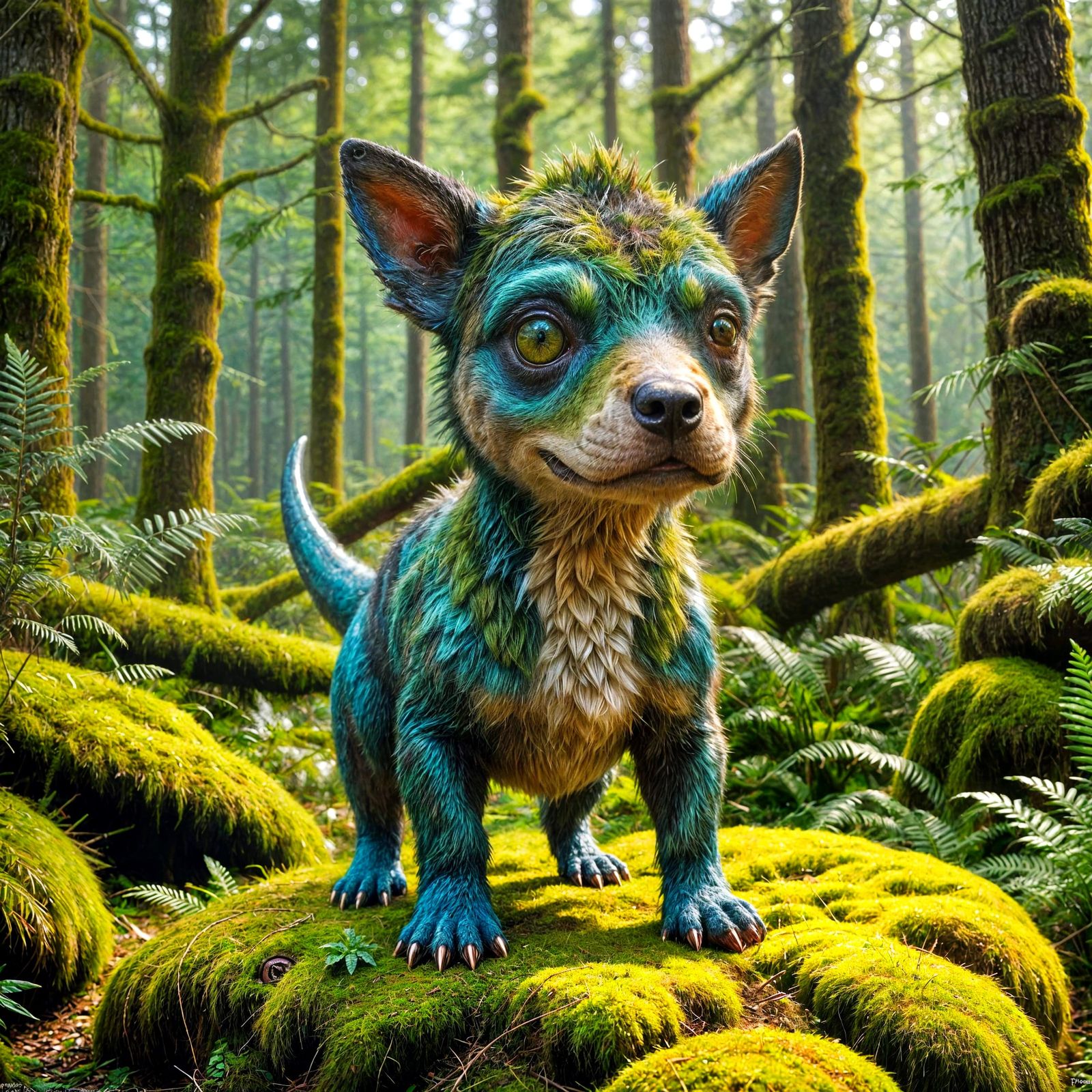 Dino Dog in Ancient Forest, Rendered in Hyper-Realistic 3D