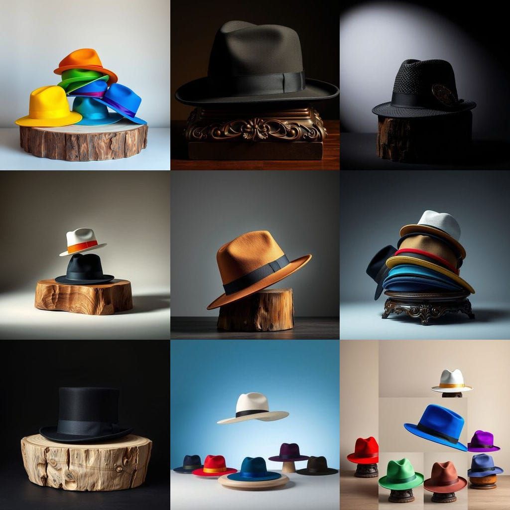 Six Colorful Hats on Wooden Base
