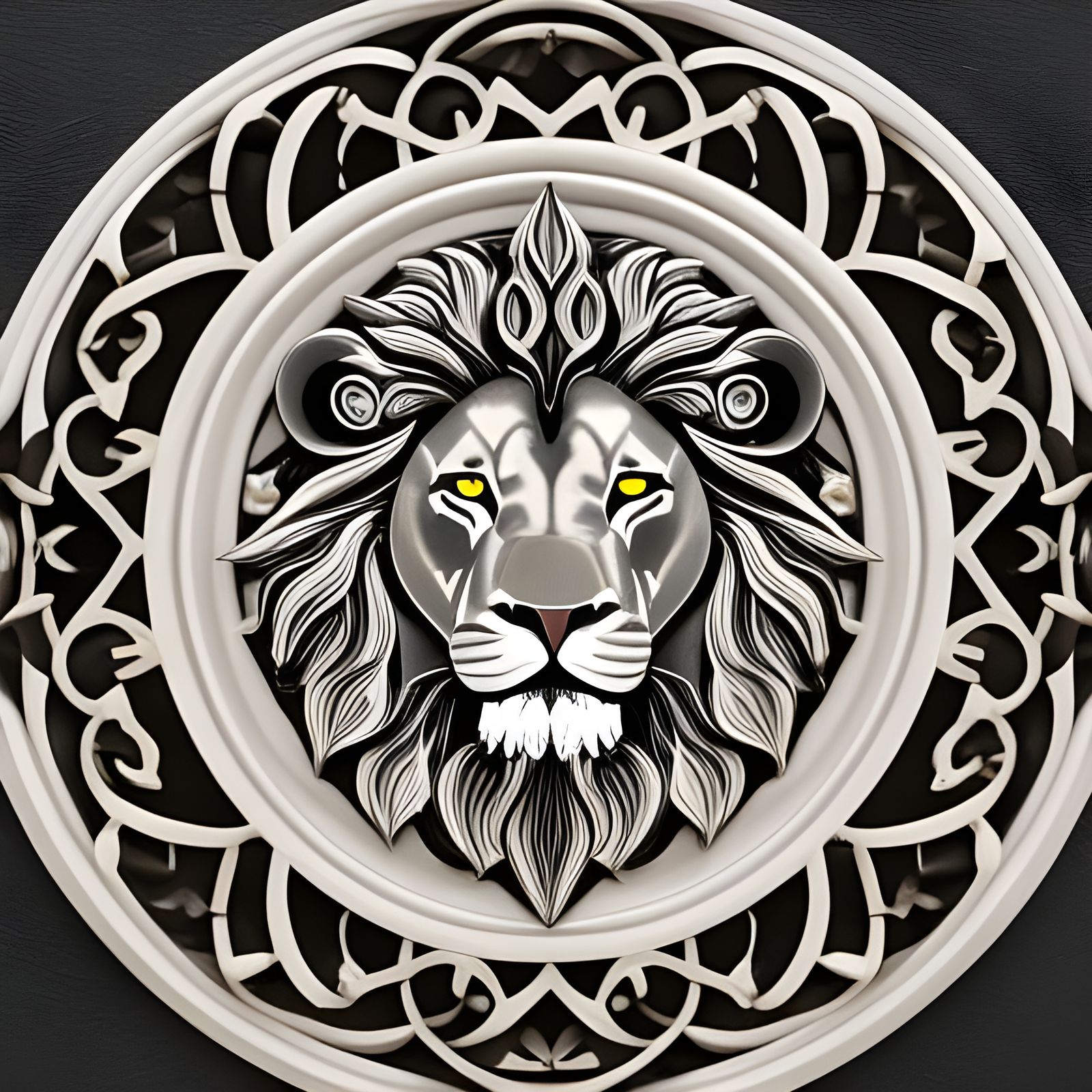 Lion Floral Medallion in Baroque Woodcut Style