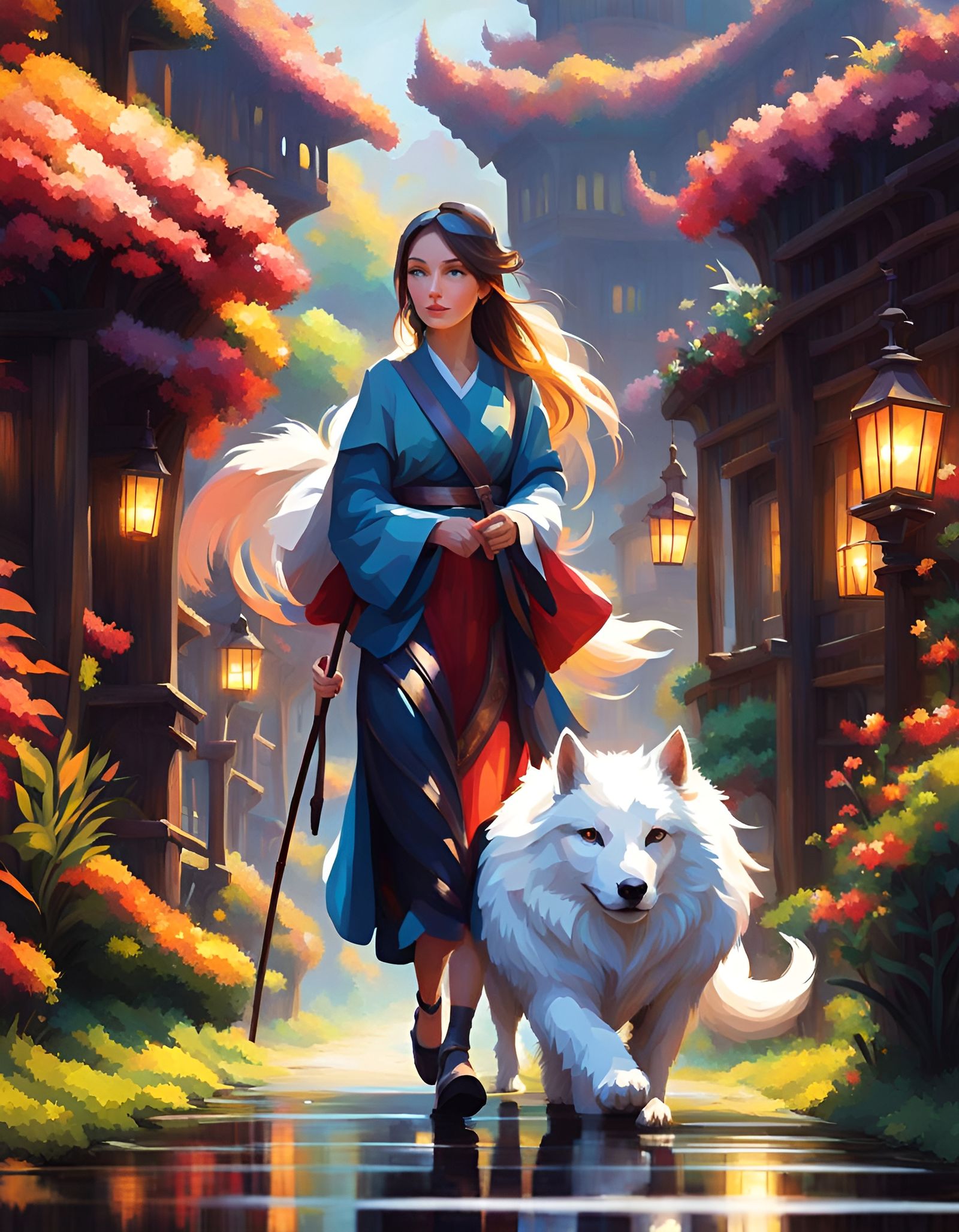 Girl Walking Mythical Pet in Kinetic Pixelism