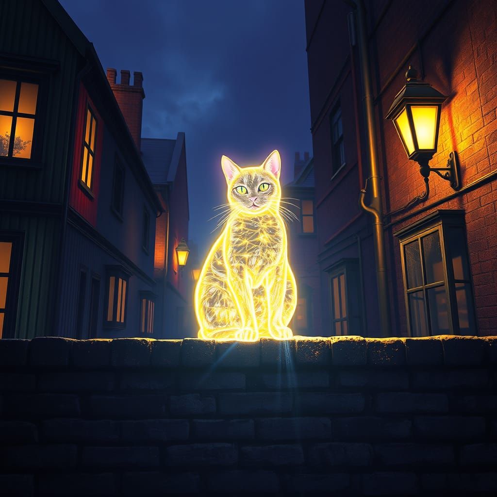 Luminous Cat on Brick Wall in Dark Fantasy Style