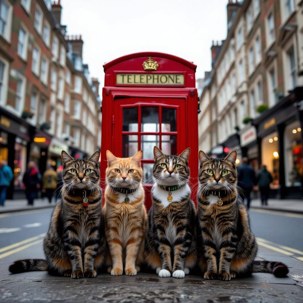 Four Cats on London Telephone Box, Photorealistic