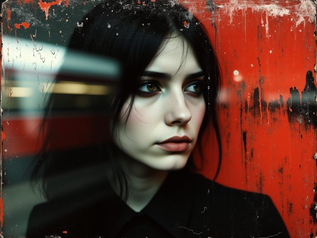 Woman's Tearful Face in Double Exposure Train Window