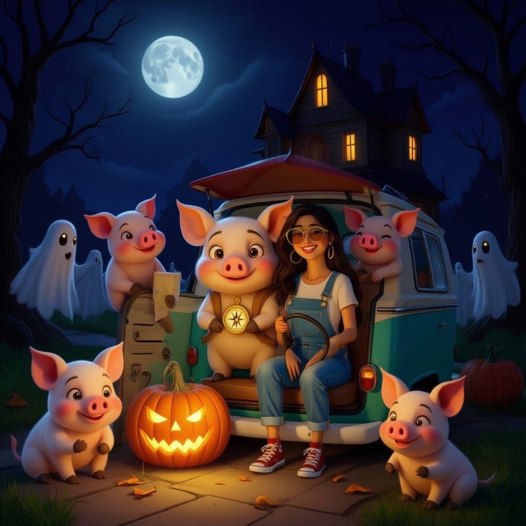 Halloween Book Cover: Girl, Pigs, RV, Haunted House