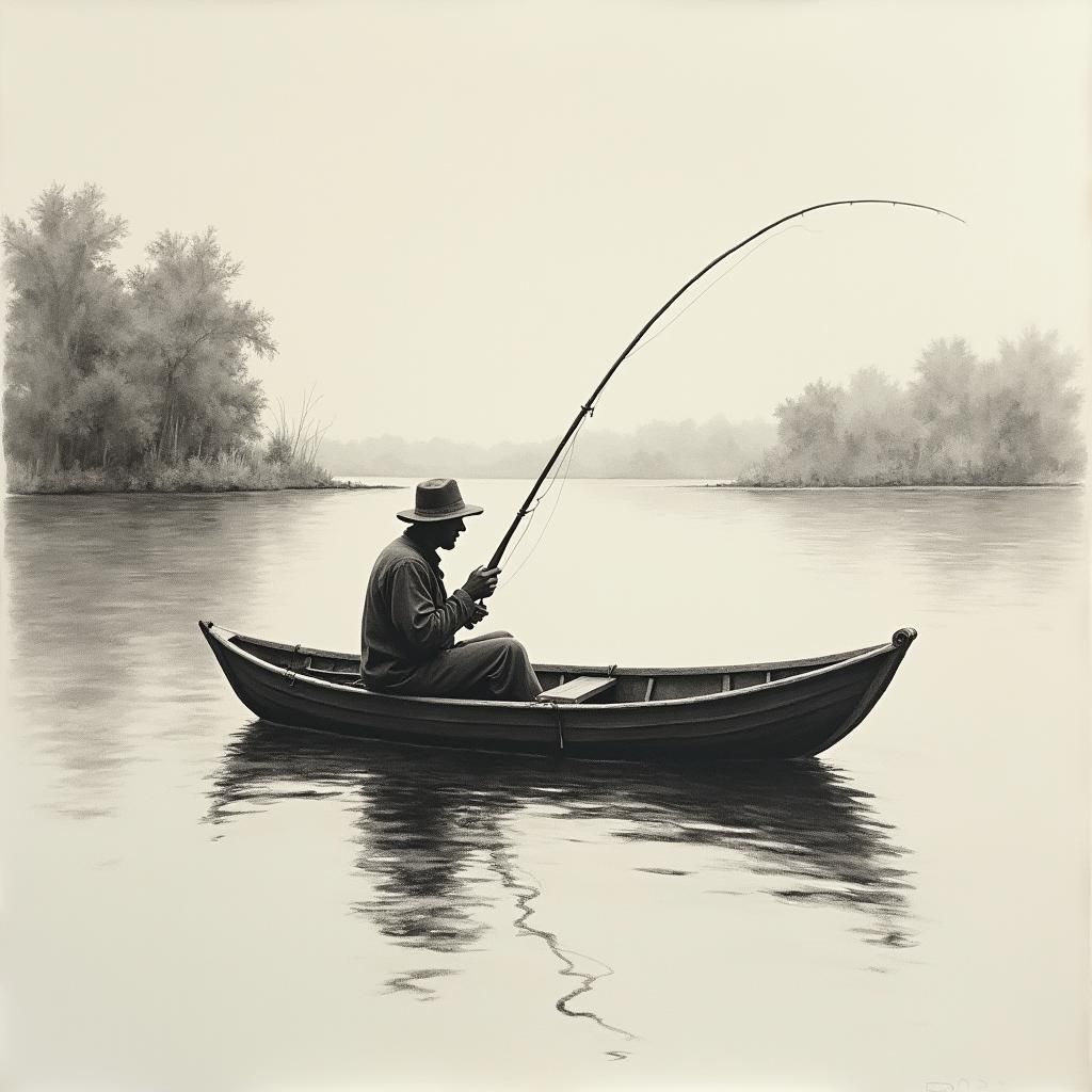 Fishing Boat on Lake: Picasso-esque Charcoal Drawing
