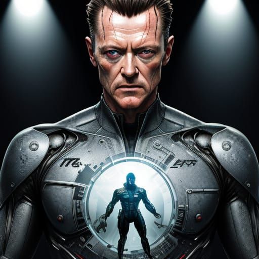Double exposure. A T-1000 played by Robert Patrick, overlaid with the liquid metal body shapeshifting into a piece of ma...