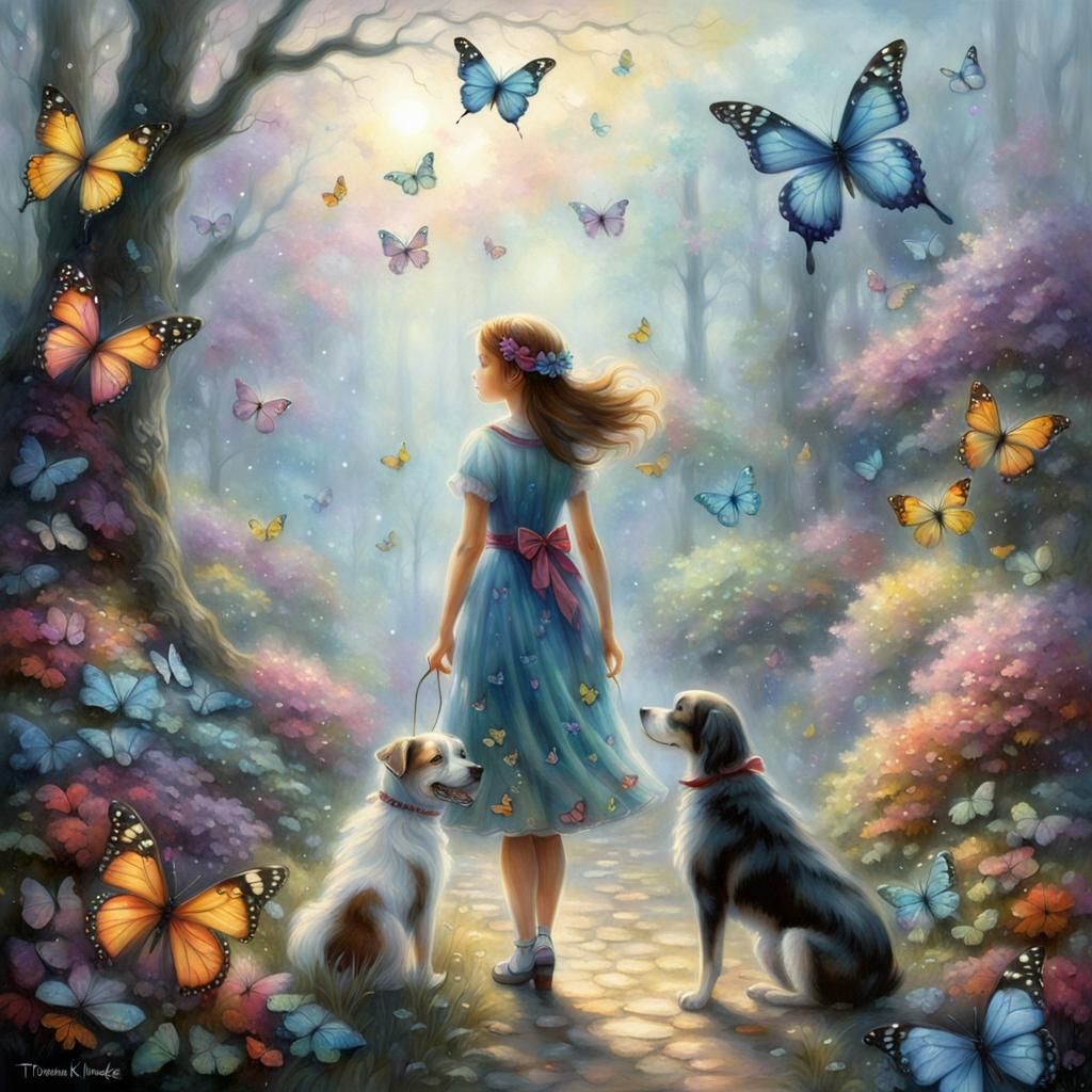 whimsical girl with a dog some color butterflies