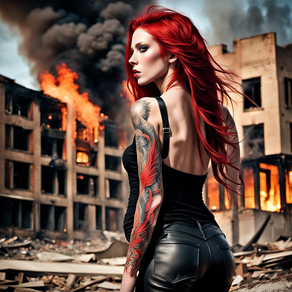 Girl with Angel Wing Tattoo in Burning City