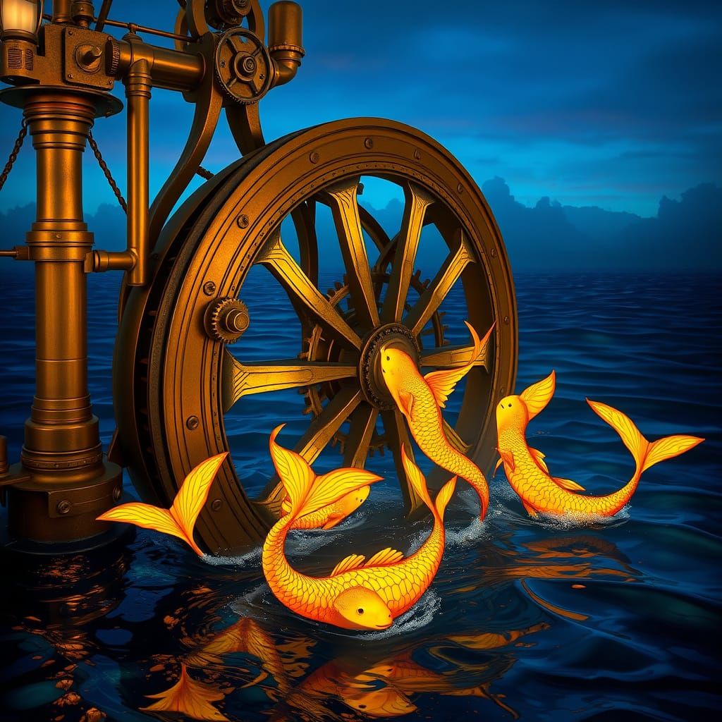 Steampunk Water Wheel with Bioluminescent Sirens