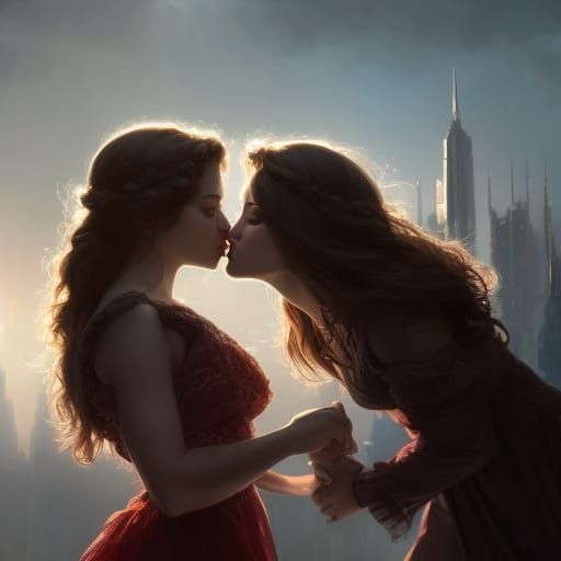 Two Women Kissing with Engagement Ring, Detailed Portrait