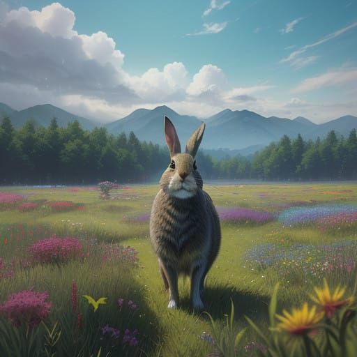 Vibrant Rabbit in a Whimsical Wildflower Meadow