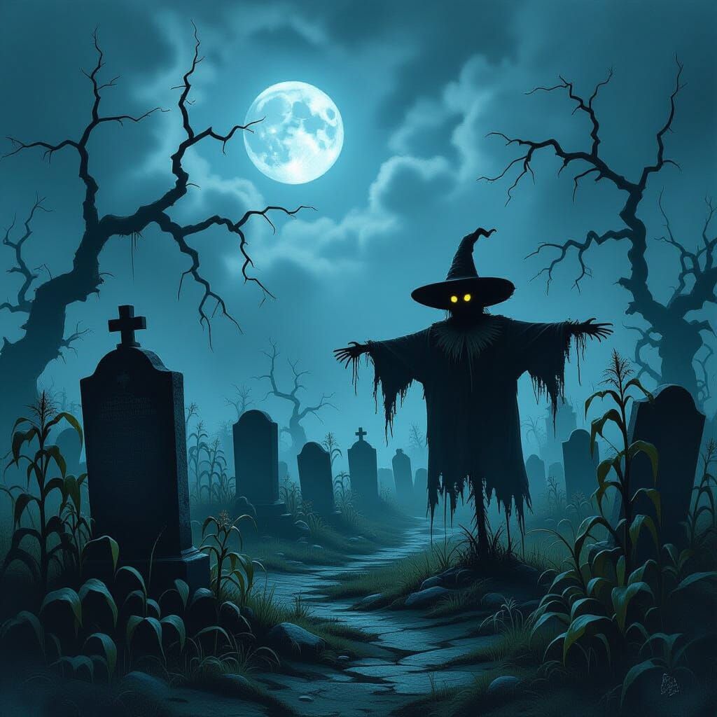 Foggy Graveyard with Tattered Scarecrow at Midnight