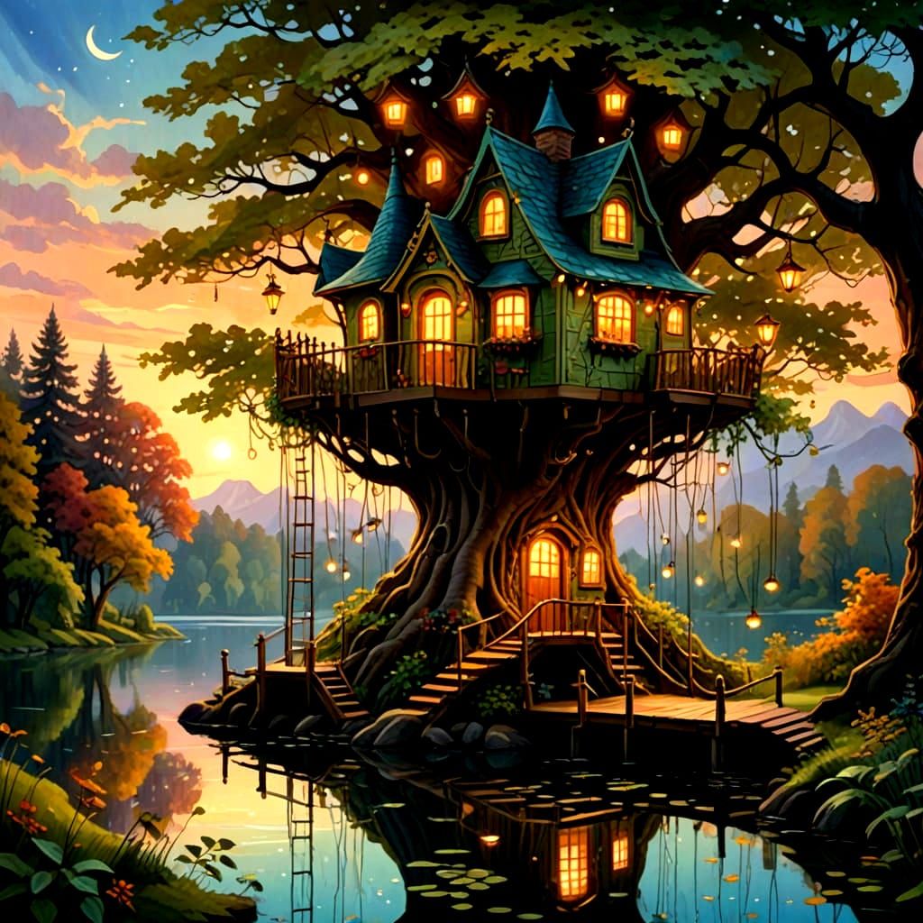 Whimsical Maple Treehouse with Cozy Lake View