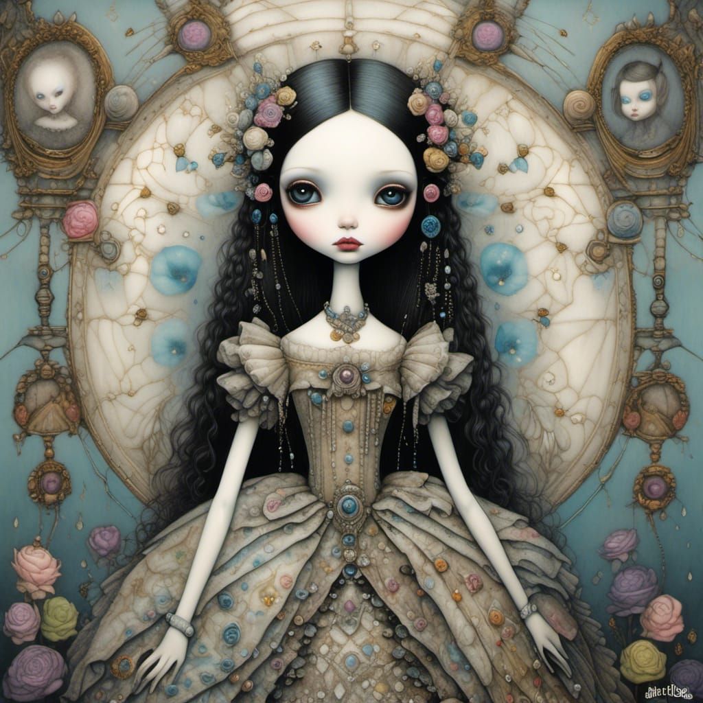 Gothic Blythe Doll and Puppy in Dark Fantasy Style