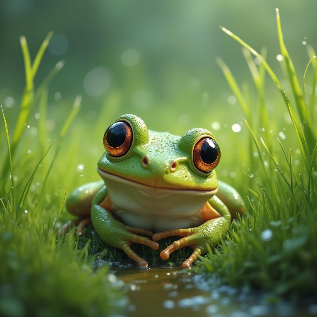 Hyper-Realistic Frog in Lush Green Meadow