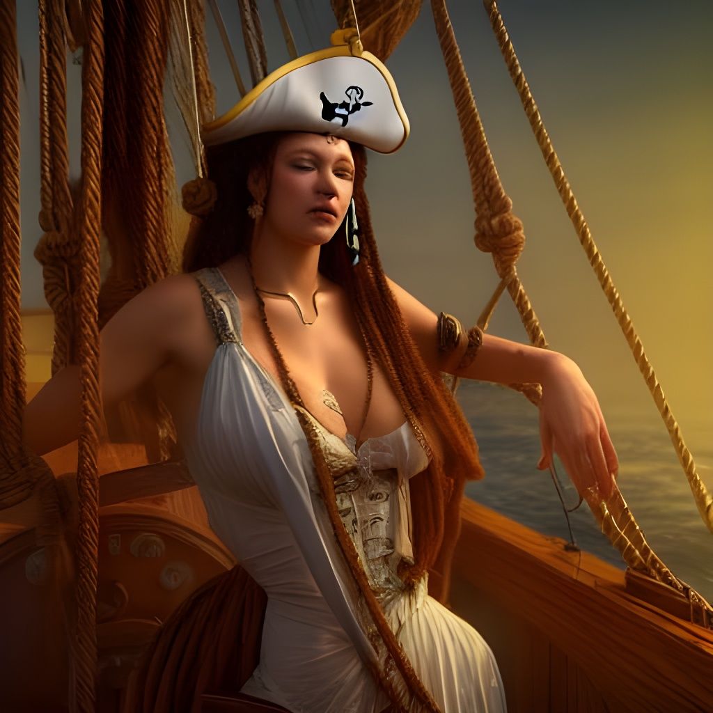 Female Pirate on Magical Galleon: Elegant Illustration