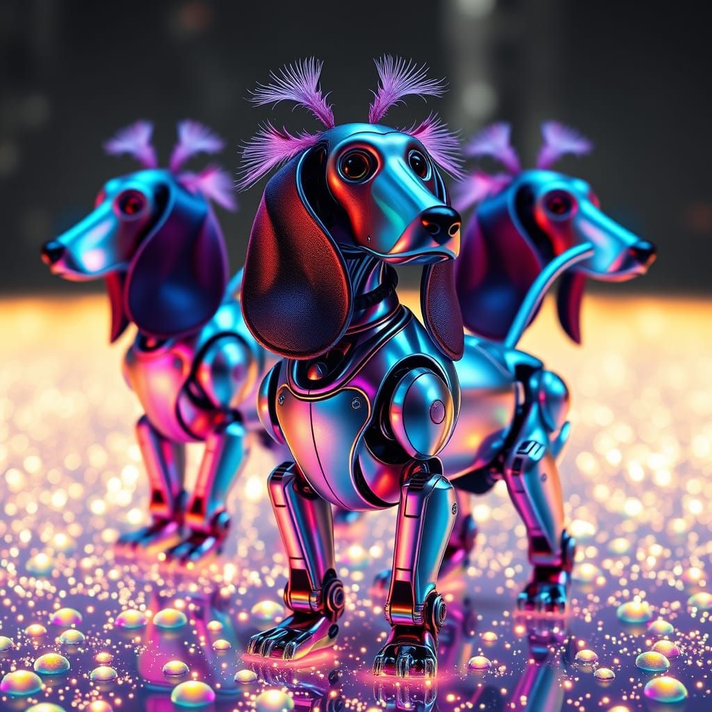 3 Robotic Basset Hounds in Fluorescent Field, Tron Style