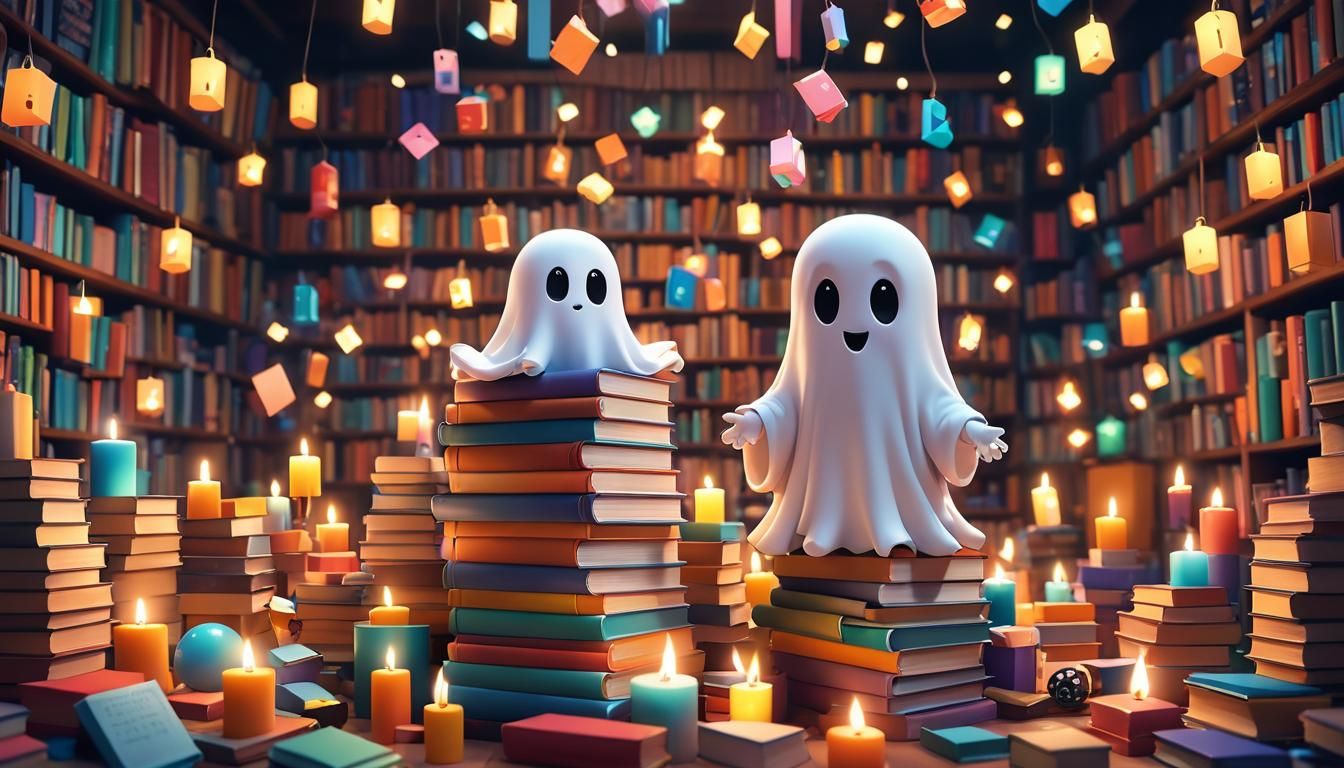 Cute Chibi Ghost Floating Among Books in 3D Art