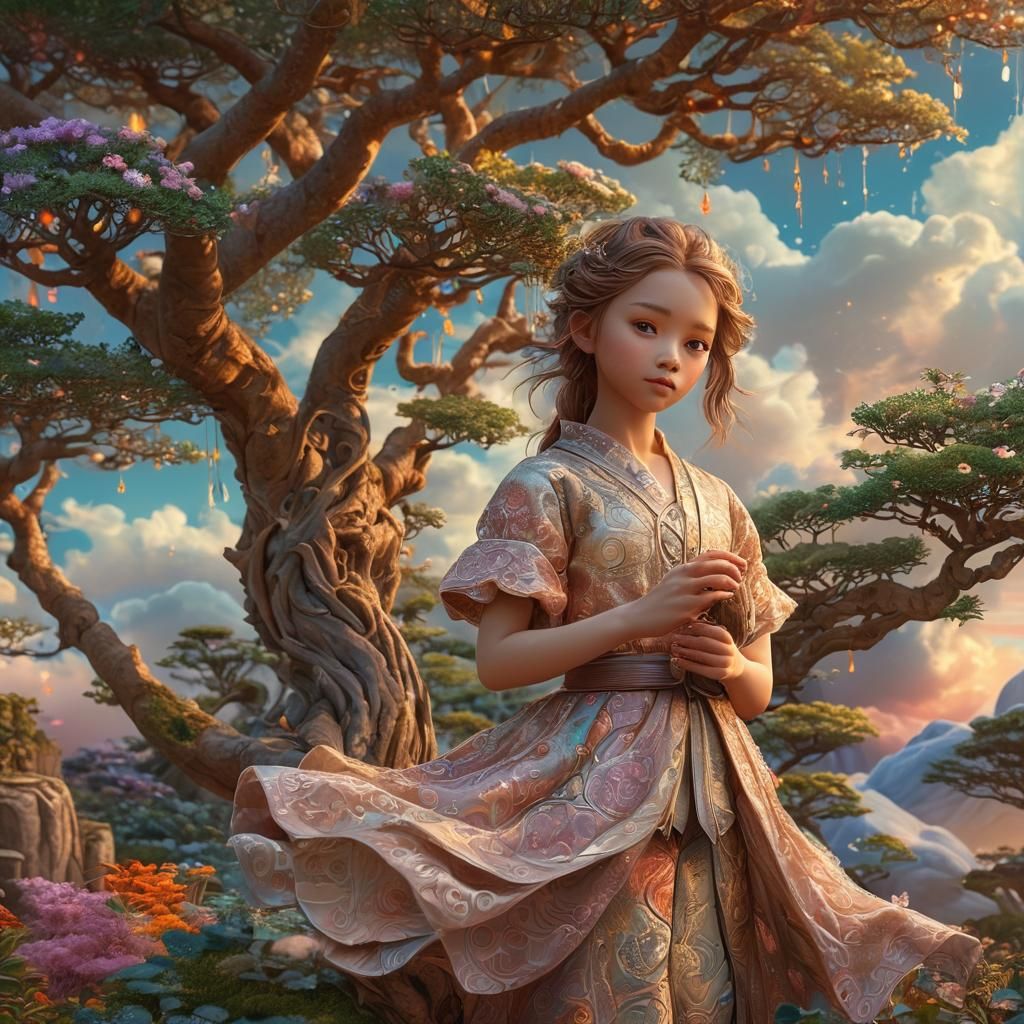 Girl in Bonsai Garden with Holographic Clouds