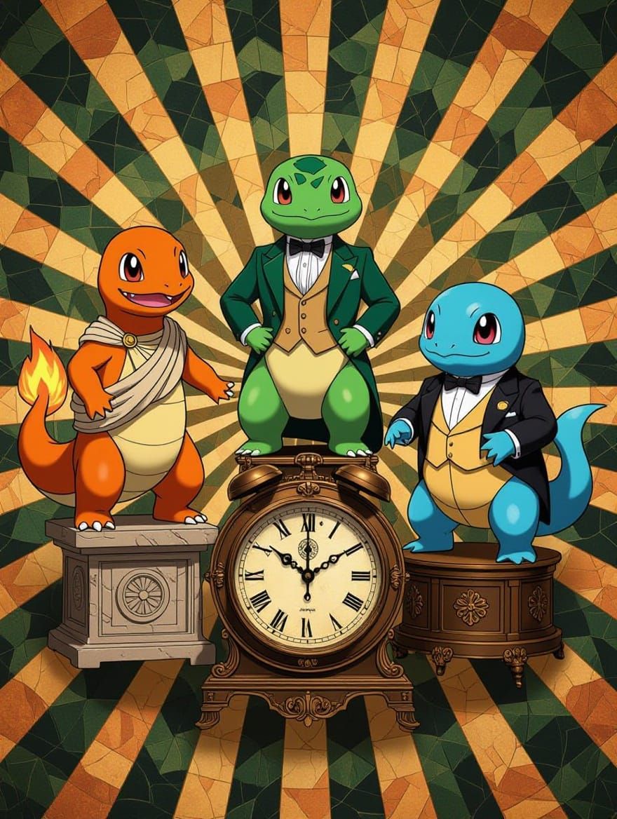 Pokémon in Era-Specific Suits Adorn Antique Clocks
