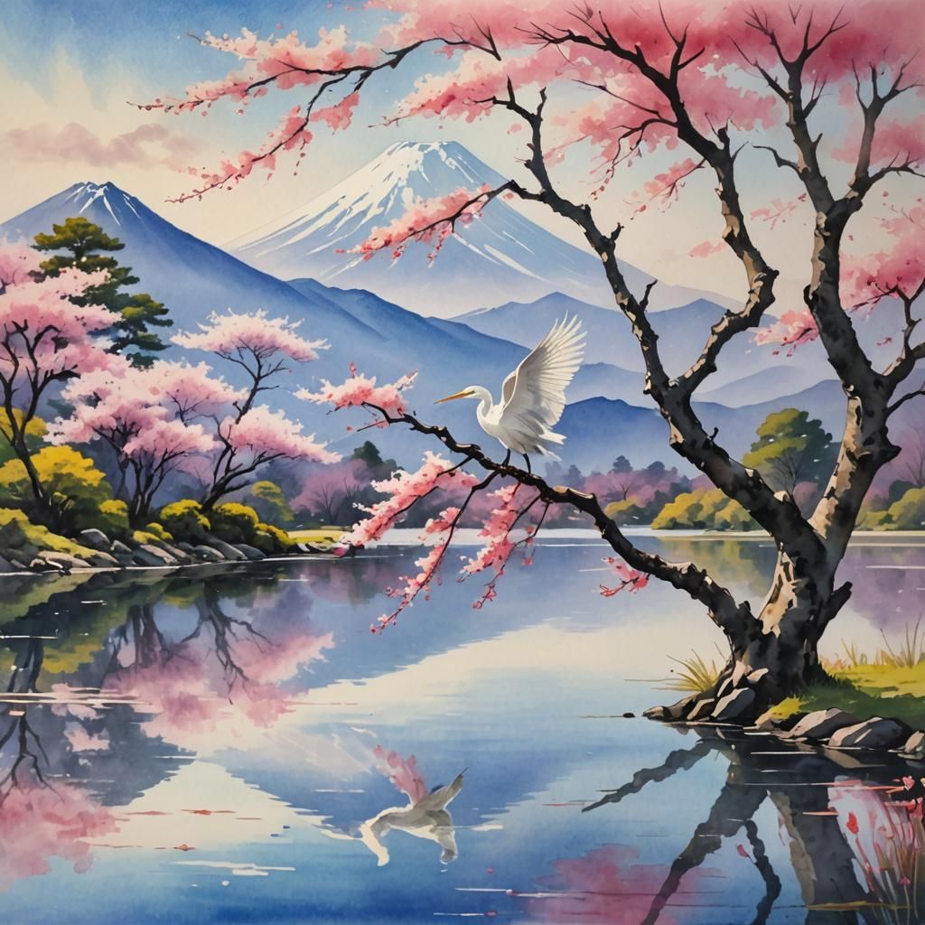 Pink Sakura Tree in Bloom: Watercolor Oil Painting